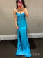 Spaghetti Straps Blue Satin Appliques Bateau Long Evening Prom Dresses, MR9603
