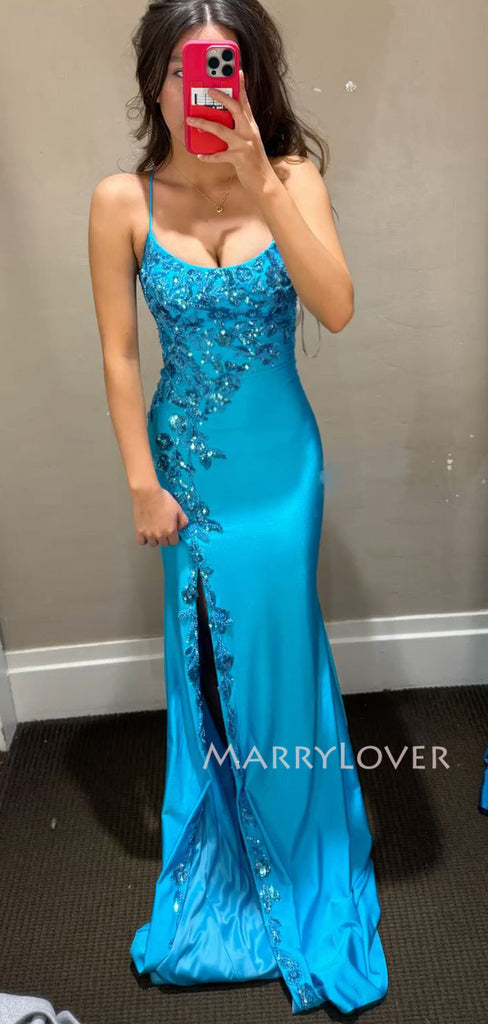 Spaghetti Straps Blue Satin Appliques Bateau Long Evening Prom Dresses, MR9603