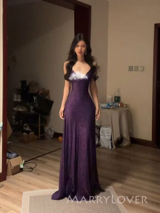 Simple Purple Sequins Long Evening Prom Dresses, Spaghetti Straps V-neck Prom Dress, MR9608