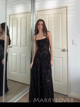 Beautifu Spaghetti Straps Black Long Evening Prom Dresses, MR9611