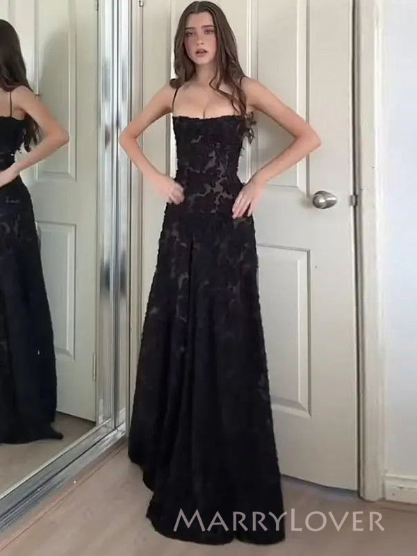 Beautifu Spaghetti Straps Black Long Evening Prom Dresses, MR9611