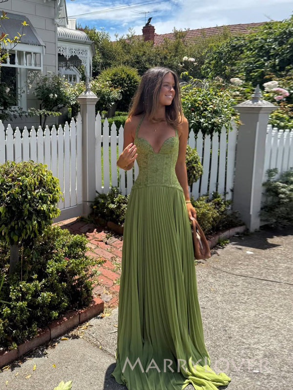 Floor-length Green Chiffon Lace Long Evening Prom Dresses, Straps Prom Dress, MR9612