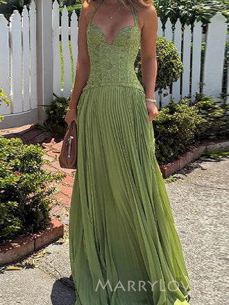 Floor-length Green Chiffon Lace Long Evening Prom Dresses, Straps Prom Dress, MR9612