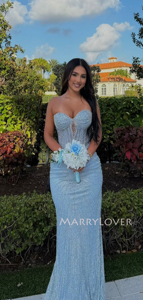Sparkly Blue Sequins Mermaid Long Evening Prom Dresses, Sweetheart Prom Dress, MR9614