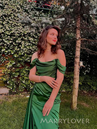 Emerald Green Satin Side Slit Long Evening Prom Dresses, Off Shoulder Prom Dress, MR9620