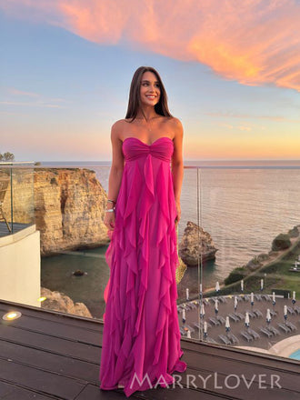 Sweetheart Chiffon A-line Strapless Long Evening Prom Dresses, MR9622