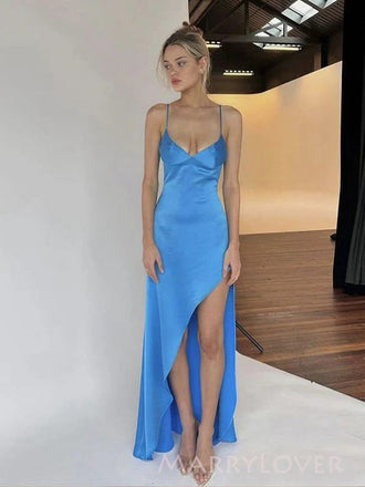 Sexy V-neck Blue Long Evening Prom Dresses, Spaghetti Straps Prom Dress, MR9626