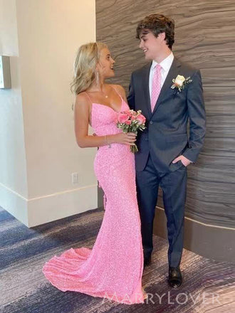 Gorgeous Spaghetti Straps Pink Sequins Long Evening Prom Dresses, V-neck Mermaid Prom Dress, MR9628