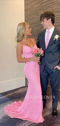 Gorgeous Spaghetti Straps Pink Sequins Long Evening Prom Dresses, V-neck Mermaid Prom Dress, MR9628