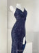 Simple Navy Blue Sequins Long Evening Prom Dresses, High Slit Prom Dress, MR9632