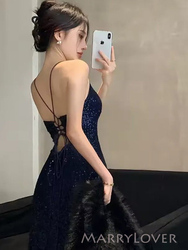 Simple Navy Blue Sequins Long Evening Prom Dresses, High Slit Prom Dress, MR9632