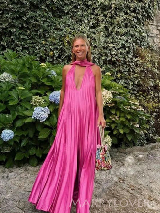 Deep V-neck Pink Long Evening Prom Dresses, A-line Prom Dress, MR9633