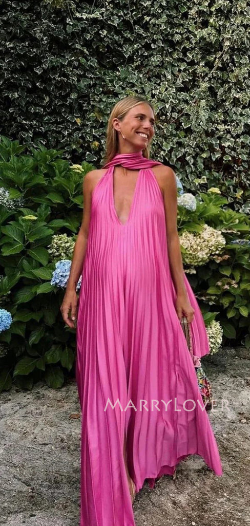 Deep V-neck Pink Long Evening Prom Dresses, A-line Prom Dress, MR9633