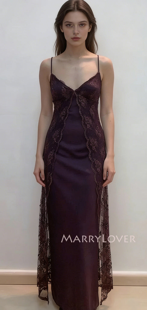 Gorgeous Purple Lace Satin V-neck Long Evening Prom Dresses, MR9635