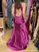 Deep V-neck Purple Satin Appliques Long Evening Prom Dresses, MR9636