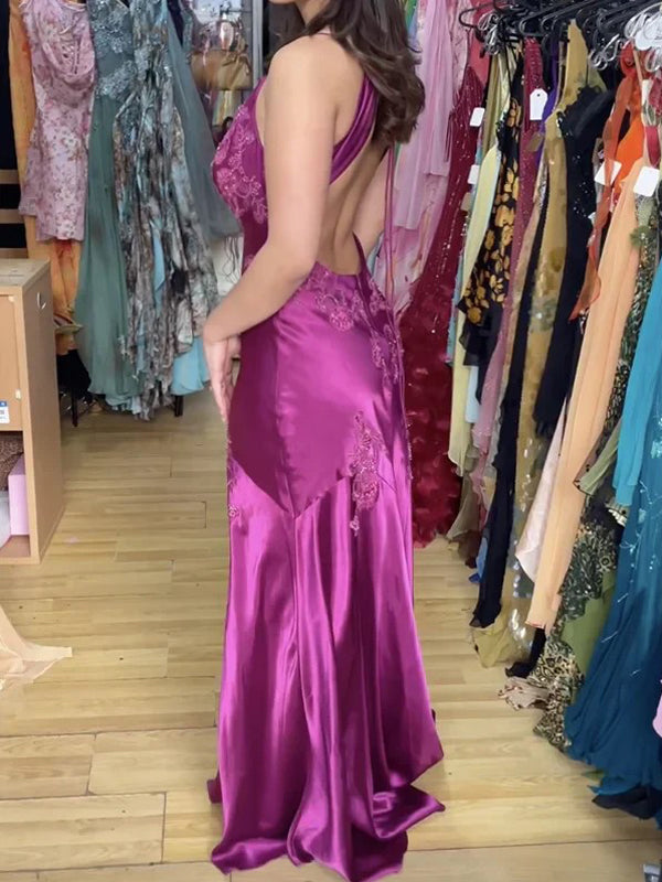 Deep V-neck Purple Satin Appliques Long Evening Prom Dresses, MR9636