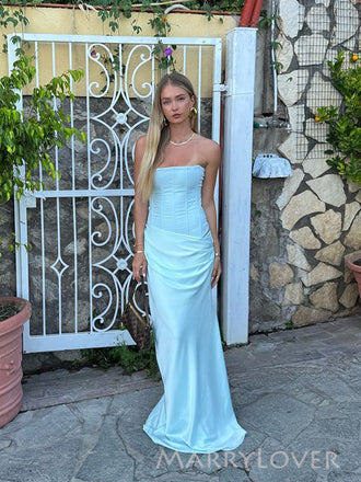 Elegant Strapless Blue Satin Mermaid Long Evening Prom Dresses, MR9645