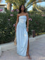 Simple Strapless Blue Chiffon Side Slit Long Evening Prom Dresses, MR9652
