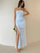 Gorgeous Strapless Blue Lace Side Slit Long Evening Prom Dresses, MR9653