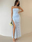 Gorgeous Strapless Blue Lace Side Slit Long Evening Prom Dresses, MR9653