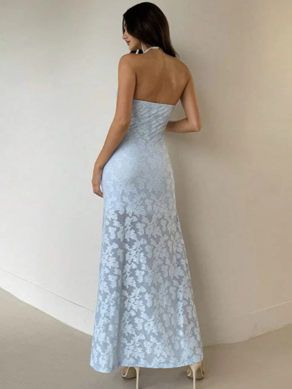 Gorgeous Strapless Blue Lace Side Slit Long Evening Prom Dresses, MR9653
