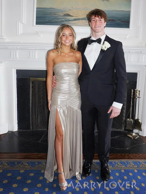 Sparkly Silver Side Slit Strapless Long Evening Prom Dresses, MR9656