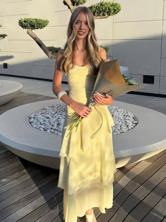 Elegant Spaghetti Straps Yellow Chiffon Long Evening Prom Dresses, MR9659