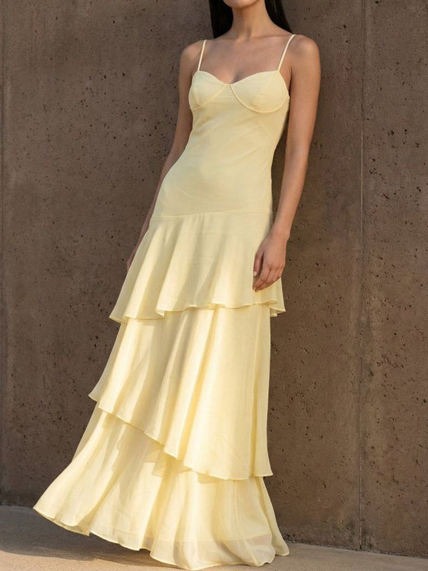 Elegant Spaghetti Straps Yellow Chiffon Long Evening Prom Dresses, MR9659