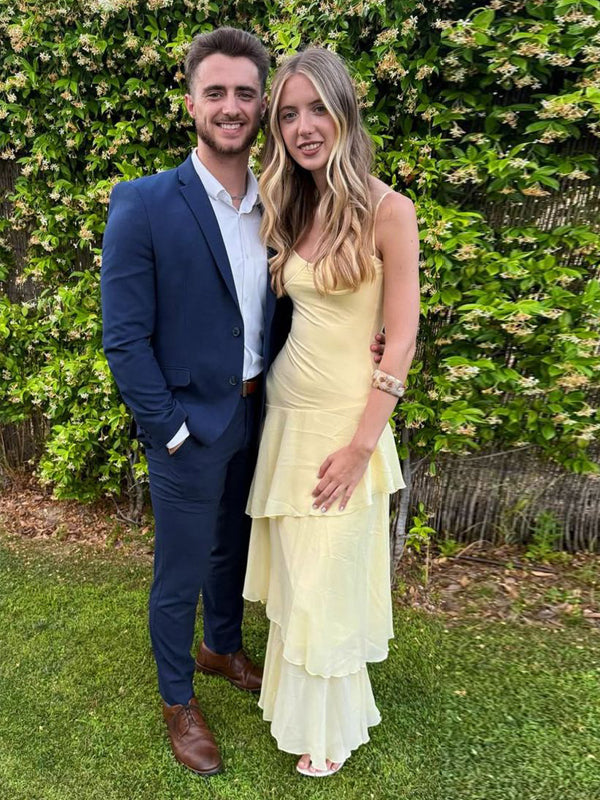 Elegant Spaghetti Straps Yellow Chiffon Long Evening Prom Dresses, MR9659