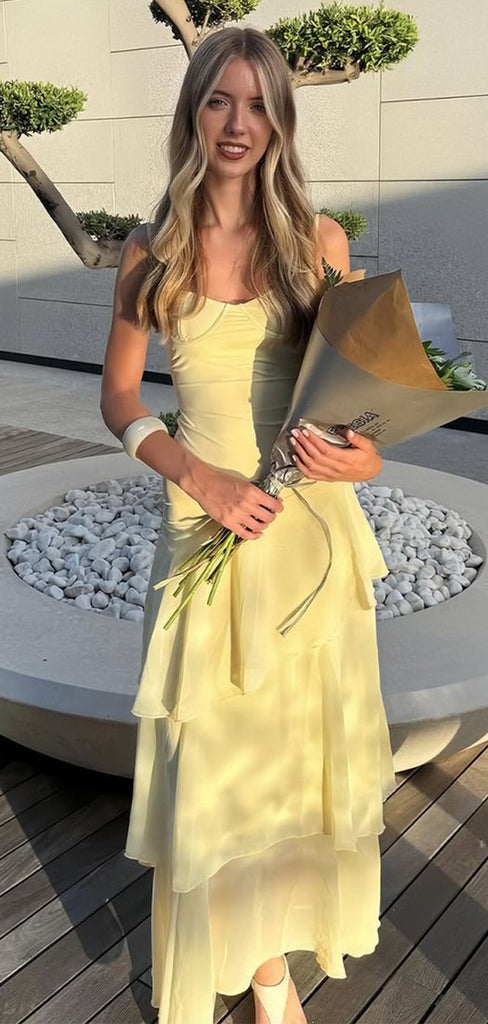 Elegant Spaghetti Straps Yellow Chiffon Long Evening Prom Dresses, MR9659