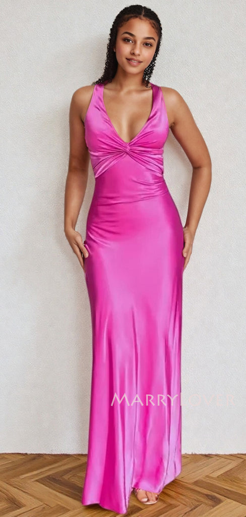 Formal Mermaid Pink Satin V-neck Long Evening Prom Dresses, MR9678