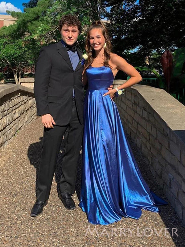 Royal Blue Satin Spaghetti Straps Side Slit Long Evening Prom Dresses, MR9685
