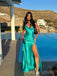 Morden Blue Satin Spaghetti Straps Long Evening Prom Dresses, High Slit Prom Dress, MR9688