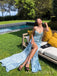Floor-length Light Blue Side Slit Long Evening Prom Dresses, Straps Prom Dress, MR9689