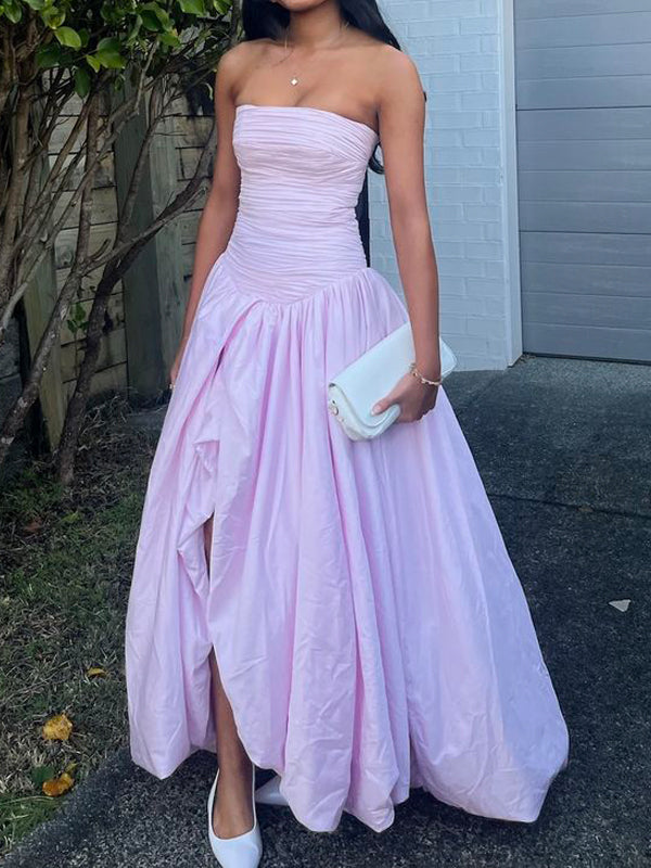 Elegant A-line Strapless Side Slit Pink Long Evening Prom Dresses, MR9698