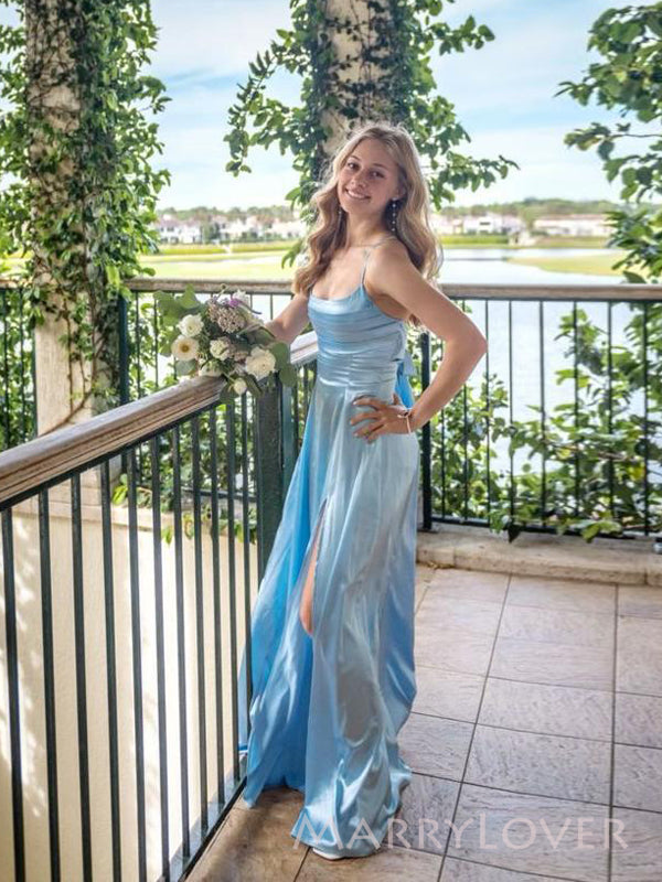 Simple Sky Blue Satin Side Slit Long Evening Prom Dresses, MR9700