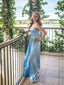 Simple Sky Blue Satin Side Slit Long Evening Prom Dresses, MR9700