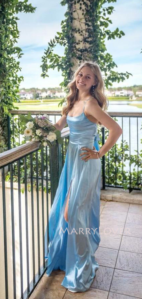Simple Sky Blue Satin Side Slit Long Evening Prom Dresses, MR9700