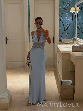 Halter Backless Blue Satin Lace Long Evening Prom Dresses, V-neck Prom Dress, MR9703