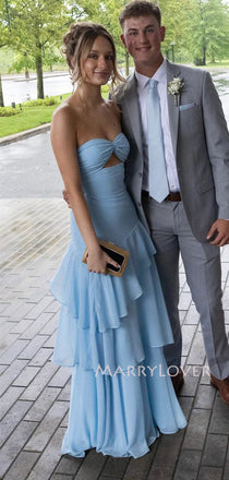 Blue Chiffon Sweetheart Long Evening Prom Dresses, Strapless Prom Dress, MR9704