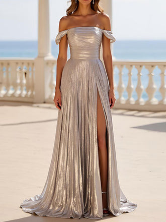Formal Off Shoulder Silver Long Evening Prom Dresses, A-line Side Slit Prom Dress, MR9710