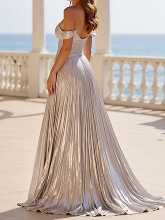 Formal Off Shoulder Silver Long Evening Prom Dresses, A-line Side Slit Prom Dress, MR9710