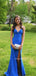 Sexy Sheath Mermaid Blue V-neck Long Evening Prom Dresses, MR9717