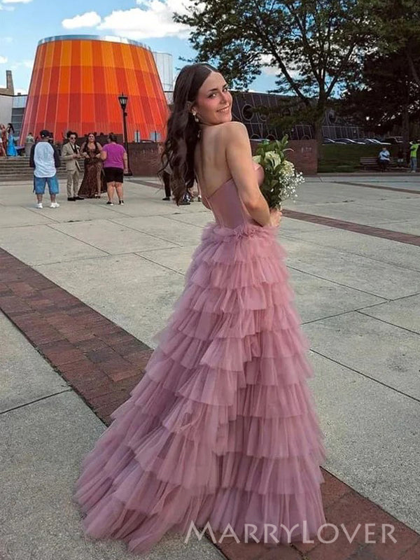 Formal Sweetheart Tulle A-line Long Strapless Evening Prom Dresses, MR9722