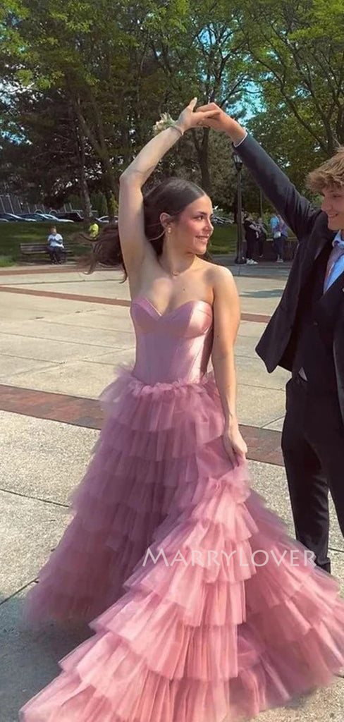 Formal Sweetheart Tulle A-line Long Strapless Evening Prom Dresses, MR9722