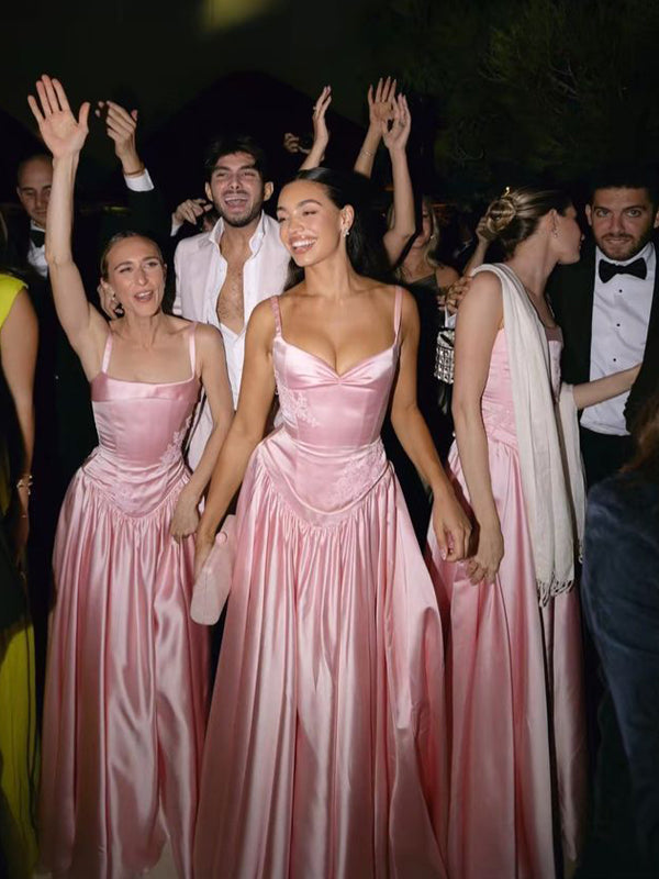 Pink Satin Straps A-line Long Evening Prom Dresses, MR9723