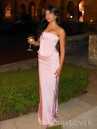 Sexy Strapless Mermaid Pink Satin Long Evening Prom Dresses, MR9725