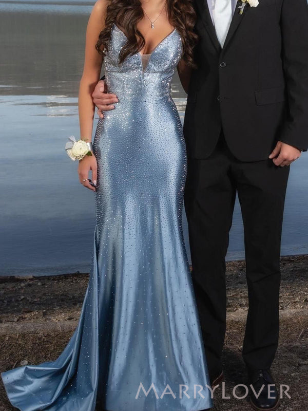 Gorgeous Sparkly Mermaid Blue Long Evening Prom Dresses, V-neck Beaded Prom Dress, MR9729