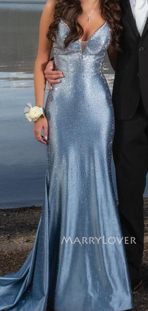 Gorgeous Sparkly Mermaid Blue Long Evening Prom Dresses, V-neck Beaded Prom Dress, MR9729