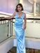 Deep V-neck Mermaid Blue Satin Straps Long Evening Prom Dresses, MR9732